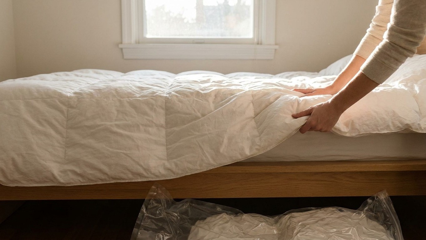 J'ai comprimé ma couette en duvet dans un sac sous vide pour gagner de la place tout l'été : quand je l'ai rouverte en oct...