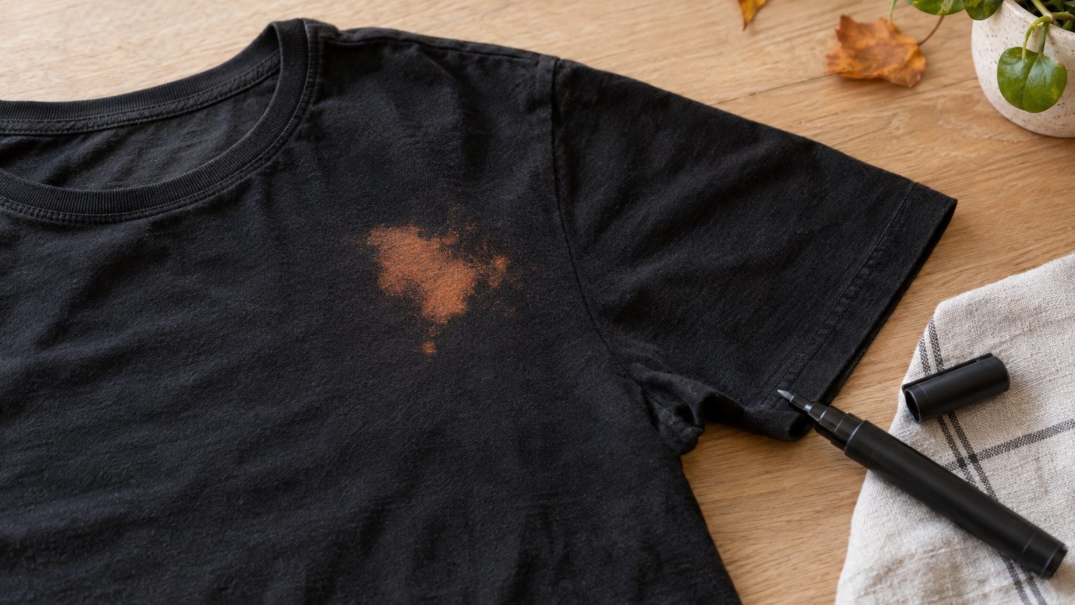 Tache de javel sur un vêtement noir : que faire quand la couleur est partie (feutre textile, teinture, broderie)